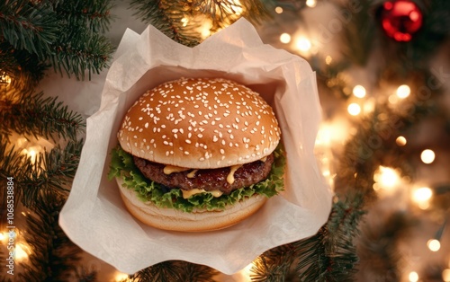 Holiday Burger Wrapper Mockup A blank burger wrapper with festive background decorations, like Christmas lights and pine needles photo