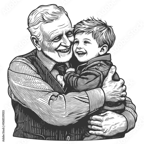 joyful grandfather holding his grandson, showcasing love, warmth, and family bonding in a nostalgic style sketch engraving generative ai vector illustration. Black and white image.