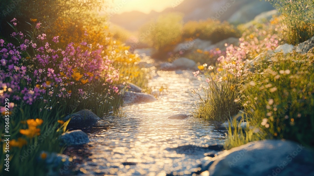 A tranquil stream flows through a lush meadow, bathed in the warm glow of the setting sun. A tranquil stream flows through a lush meadow, bathed in the warm glow of the setting sun.