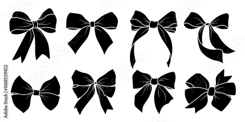  Black bows, tied ribbons, bow ties. Set of vector flat illustrations