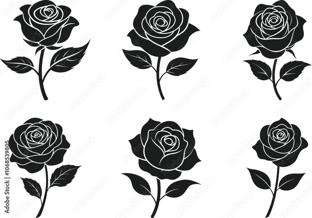 Set of Elegant Rose Silhouettes Vector Illustrations Set of Elegant Rose Silhouettes Vector Illustrations