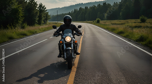 motorbike on the road riding. having fun driving the empty highway on a motorcycle tour journey, Generative.ai