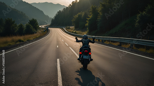motorbike on the road riding. having fun driving the empty highway on a motorcycle tour journey, Generative.ai