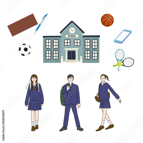 男女の高校生と高校生活イラスト

