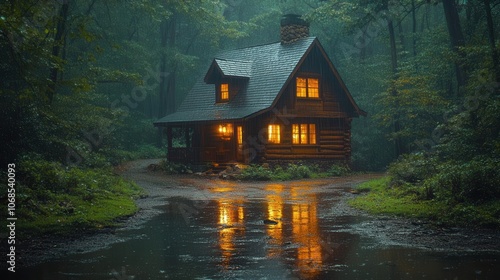 cozy cabin nestled in the rain, with warm light glowing from the windows, surrounded by lush greenery and a serene atmosphere, evoking feelings of comfort and tranquility