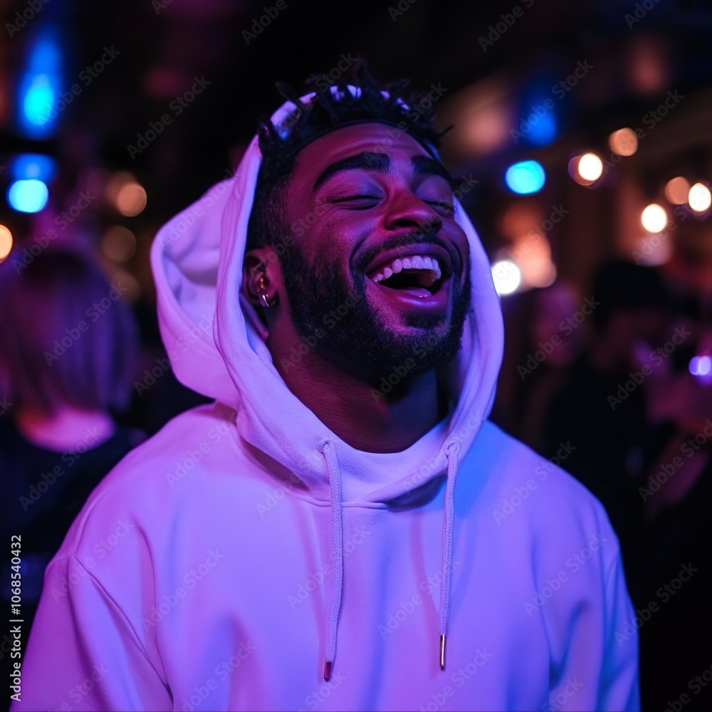 a man with a white hoodie laughing at a party a man with a white hoodie laughing at a party