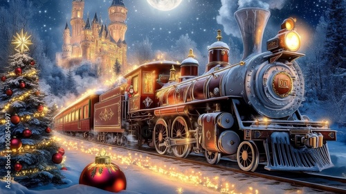 A beautifully decorated steam locomotive covered in twinkling lights chugs through a snow-covered landscape, with a grand, illuminated castle towering nearby. photo