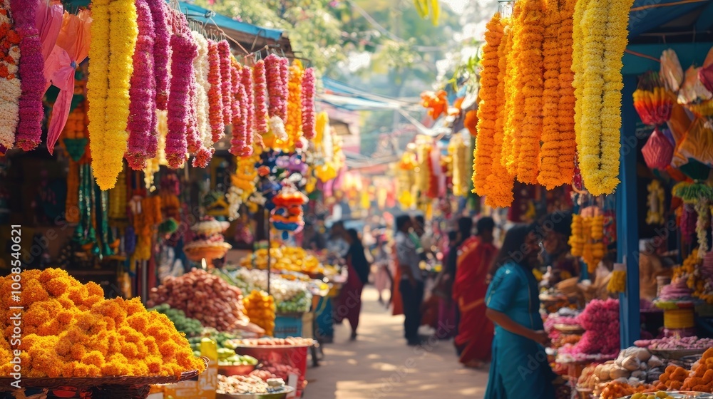 Obraz premium Vibrant flower garlands hang from a bustling market stall, adding a splash of color to the already lively scene.