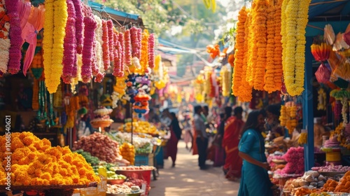 Vibrant flower garlands hang from a bustling market stall, adding a splash of color to the already lively scene.