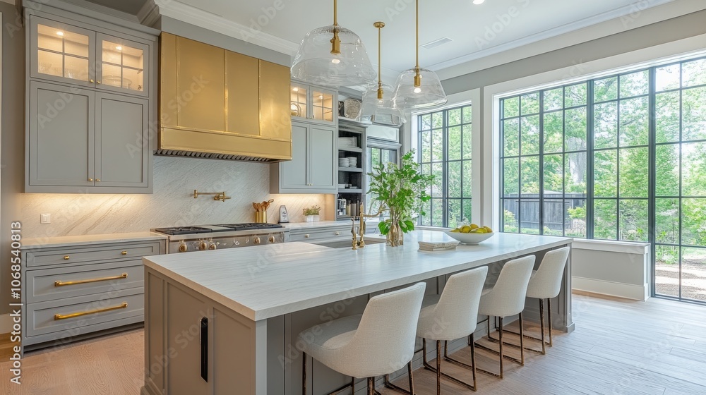 Modern Kitchen with Large Windows, Island, and Gold Accents Modern Kitchen with Large Windows, Island, and Gold Accents
