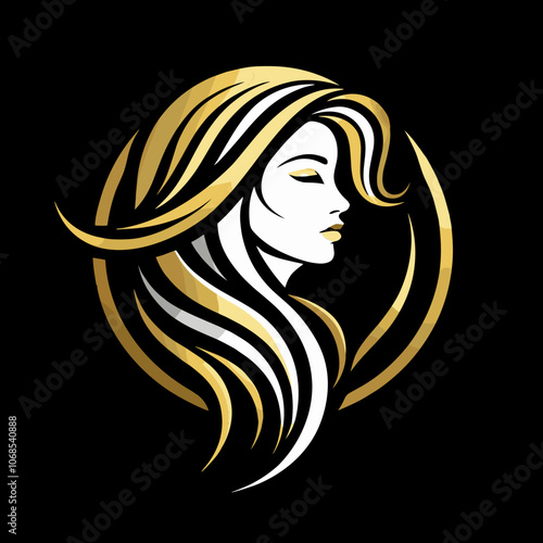 Sophisticated logo featuring a woman's profile with flowing hair in gold and white for beauty brands