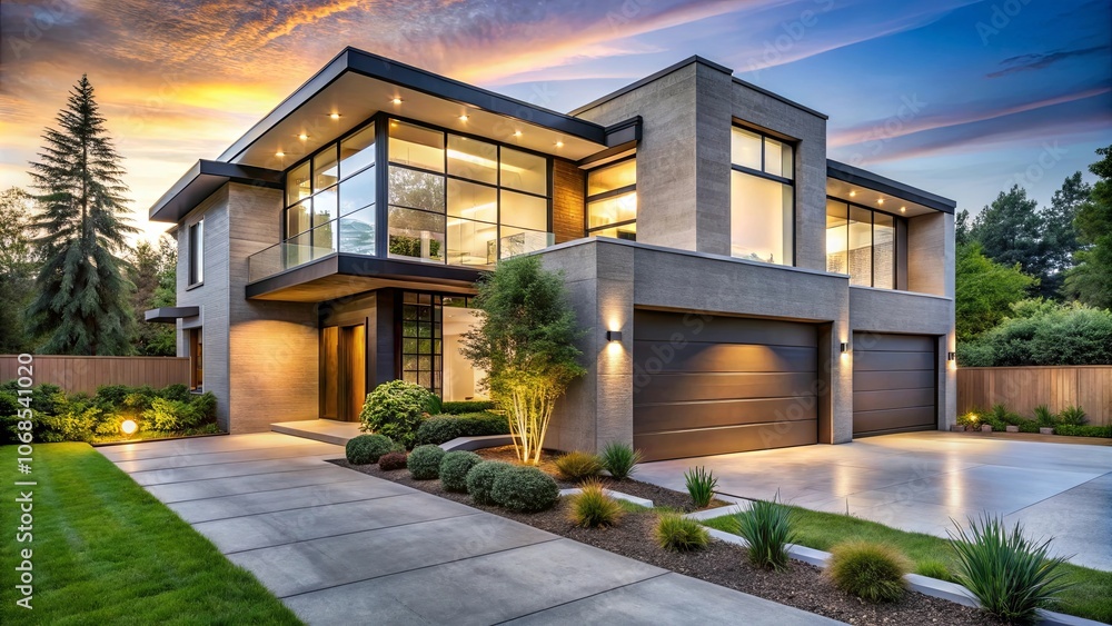 Modern home with a minimalist exterior design, illuminated by warm lights at dusk, showcasing a spacious driveway and lush landscaping. Modern home with a minimalist exterior design, illuminated by warm lights at dusk, showcasing a spacious driveway and lush landscaping.