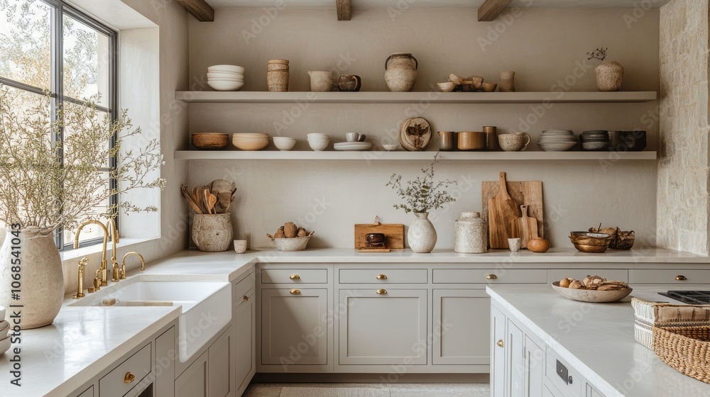 Rustic Kitchen Interior with Open Shelving and White Sink Rustic Kitchen Interior with Open Shelving and White Sink