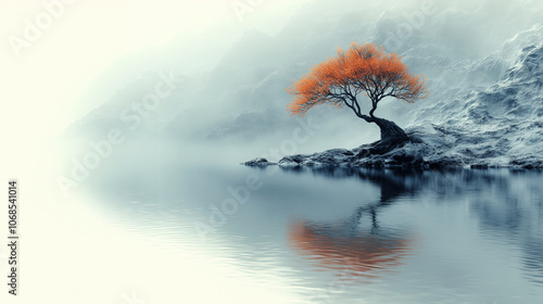 Serene landscape with a solitary tree standing gracefully on the bank of a pristine, secluded mountain lake reflecting nature’s beauty, grace, and serene tranquility amidst a snowy mountain setting