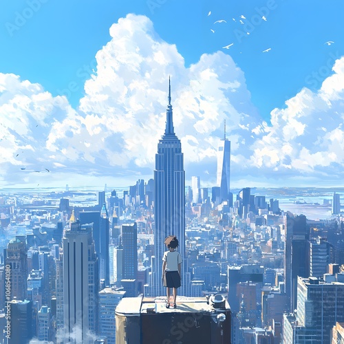a boy stands on a rock overlooking a city with the city in the background.
