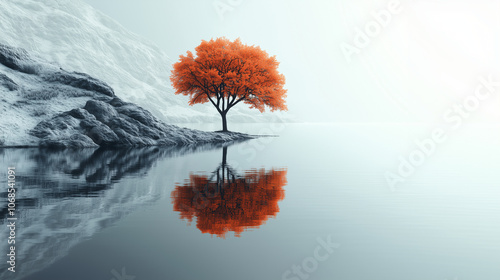 Peaceful mountain lake scene with a lone, vibrant tree standing by the water’s edge, capturing nature’s pure beauty and calm under snow-capped peaks