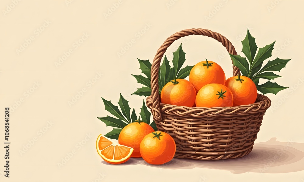 Basket of Fresh Oranges with Holly Leaves on Light Background in Festive Holiday Style Basket of Fresh Oranges with Holly Leaves on Light Background in Festive Holiday Style