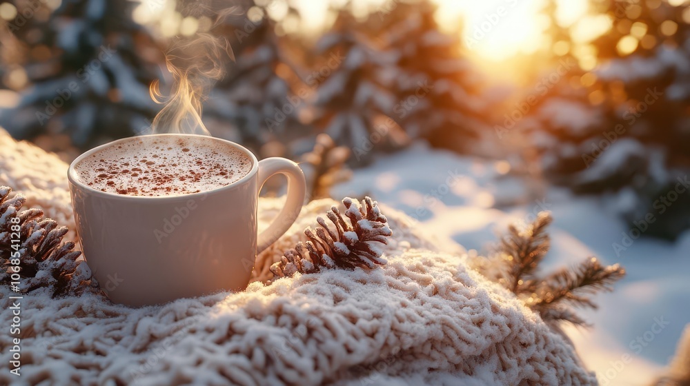 custom made wallpaper toronto digitalcozy winter scene featuring a steaming cup of hot chocolate, soft blanket, and snowy landscape, infused with warm sunlight, capturing the essence of winter comfort and holiday cheer