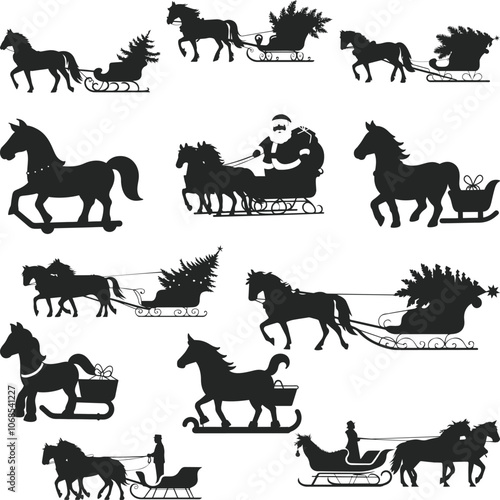 Carriage horse silhouettes, Santa horse carriage realistic vector illustration
