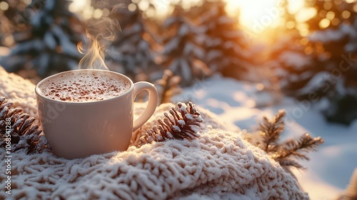 Wallpaper Mural cozy winter scene featuring a steaming cup of hot chocolate, soft blanket, and snowy landscape, infused with warm sunlight, capturing the essence of winter comfort and holiday cheer Torontodigital.ca