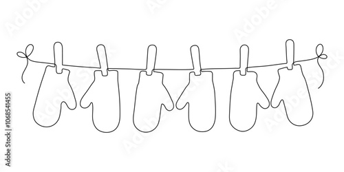 Set of mittens hanging on the rope. Warm winter accessories. Continuous line drawing.