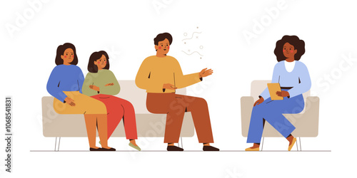 Family therapy in psychologist office. Father, mother and adolescent daughter in appointment with psychotherapist. Conflict between parents and teen girl. Mental help and support vector concept