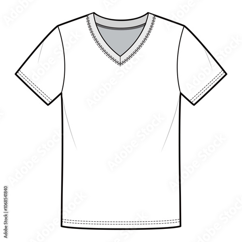 Men's V-Neck T-shirt with Contrast Neckline, Flat Sketch, Technical Drawing

