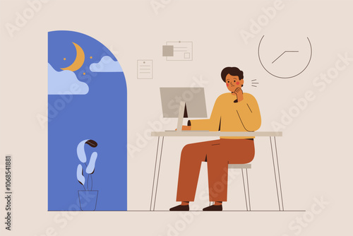 Tired man works at night. Sad male employee overloaded by business projects. Guy in depression and burnout. Vector illustration