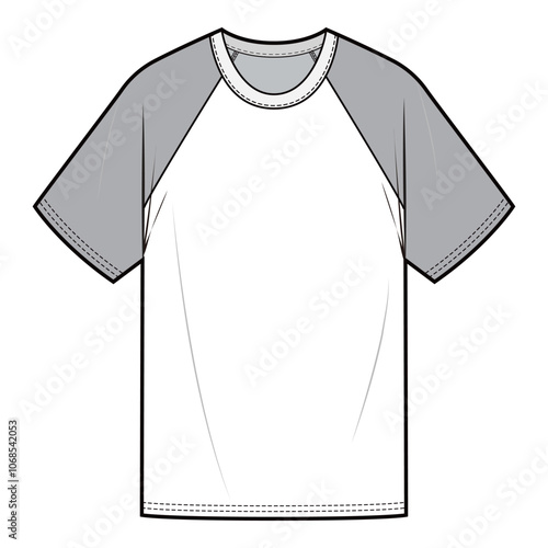 Men's Raglan Sleeve T-shirt, Flat Sketch, Technical Drawing

