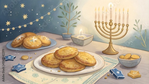 Hand-painted Hanukkah table with traditional foods and decorations, soft pastel tones, holiday charm photo