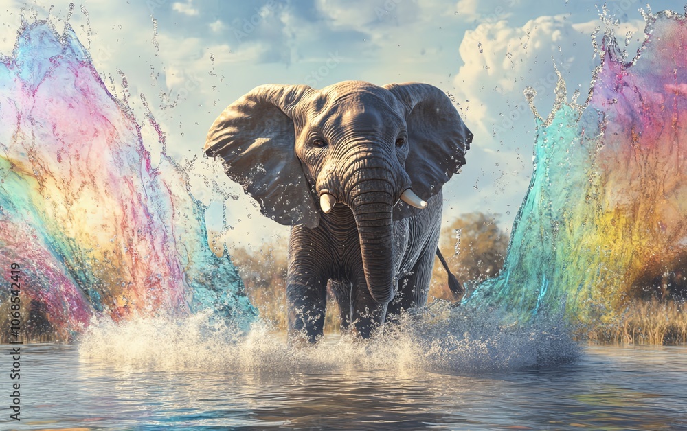Fototapeta premium A majestic elephant splashing water playfully, flanked by colorful sound waves, depicted in photorealistic detail, conveying the rhythm of nature and creative joy in wide angle