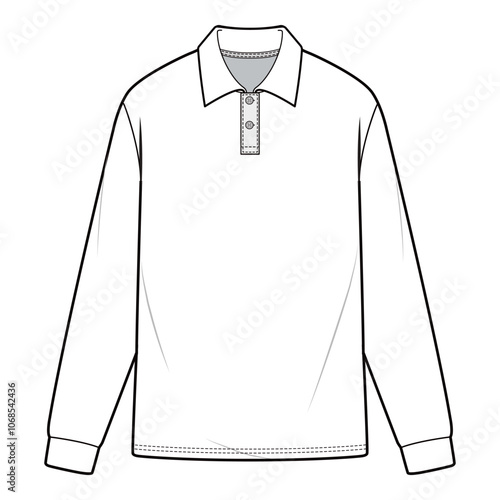 Men's Long Sleeve Polo Shirt, Flat Sketch, Technical Drawing

