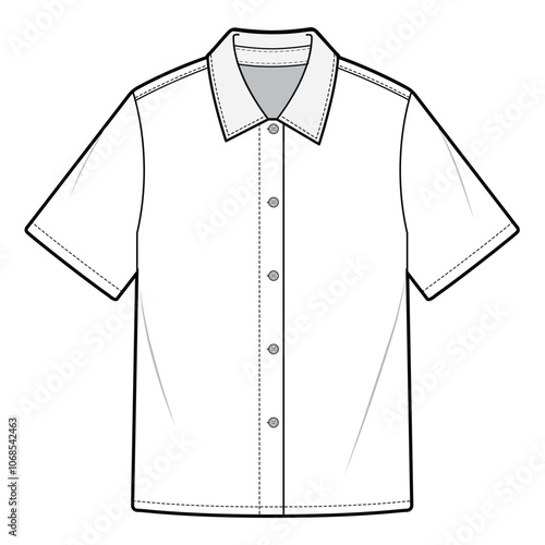 Men's Revere Collar Shirt, Flat Sketch, Technical Drawing

