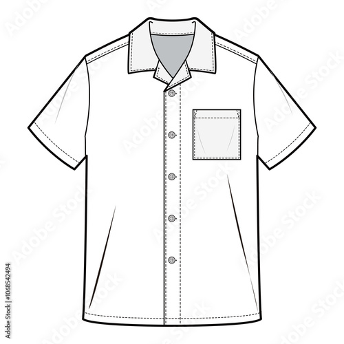 Men's Cuban Collar Shirt, Flat Sketch, Technical Drawing

