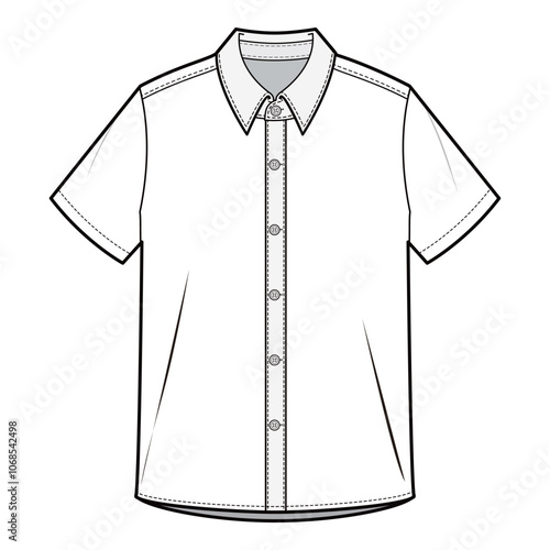 Men's Classic Short Sleeve Shirt with Button-Down Collar, Flat Sketch, Technical Drawing

