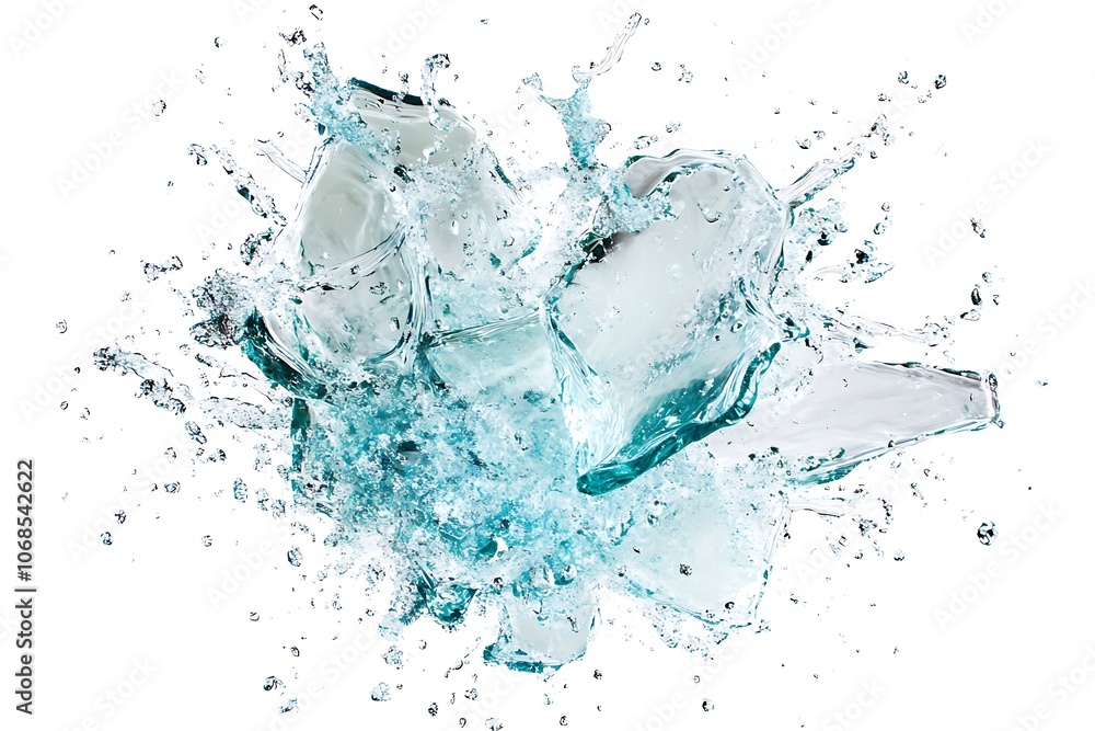 Stunning explosion of refreshing water creating a dynamic splash on a clean white background Stunning explosion of refreshing water creating a dynamic splash on a clean white background