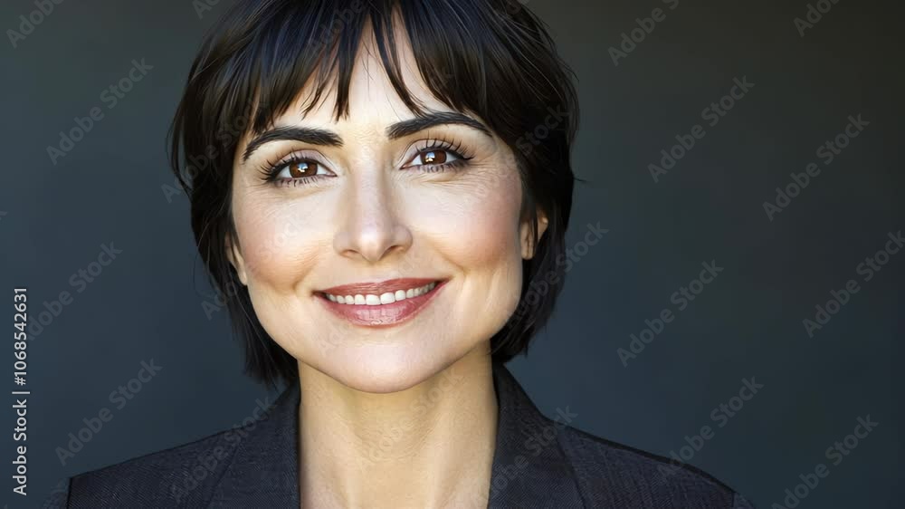 A woman with short, dark hair smiles for the camera while wearing a black blazer A woman with short, dark hair smiles for the camera while wearing a black blazer