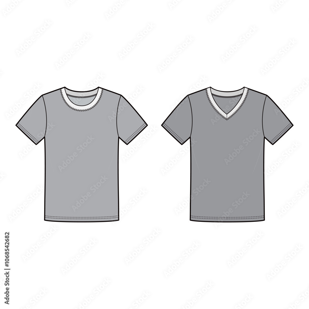 Fototapeta premium Men's Crew Neck and V-Neck T-shirts with Contrast Neckline, Flat Sketch, Technical Drawing