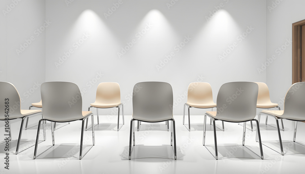 Empty chairs prepared for group psychotherapy session indoors isolated with white highlights, png Empty chairs prepared for group psychotherapy session indoors isolated with white highlights, png