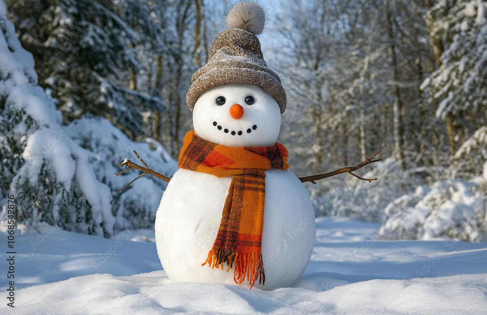 Obraz premium Snowman wearing a hat and scarf, in a snowy landscape