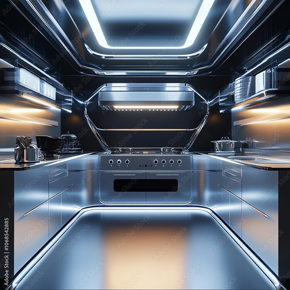 Fototapeta premium A sleek, rear view of a futuristic kitchen, featuring advanced culinary technology, minimalist design elements, polished steel surfaces, soft ambient lighting, photorealistic style