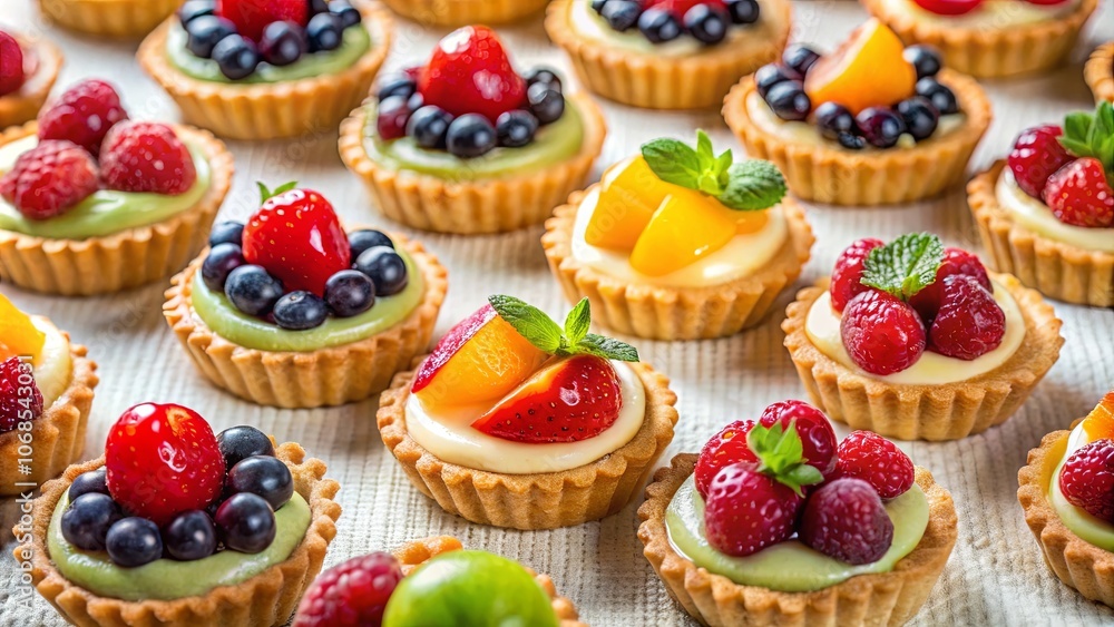 A symphony of fresh fruit and creamy custard, artfully arranged in delicate pastry shells, creating a delightful culinary masterpiece. A symphony of fresh fruit and creamy custard, artfully arranged in delicate pastry shells, creating a delightful culinary masterpiece.