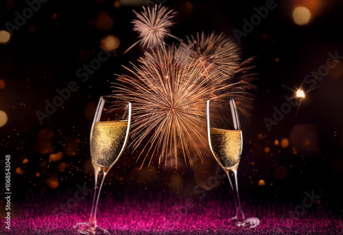 Two champagne flutes clink together in front of a sparkling firework display.