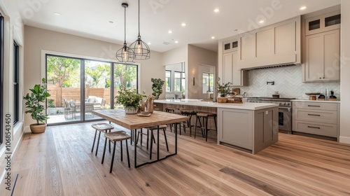 Modern Kitchen with Wooden Table and Island, Natural Light, and Greenery