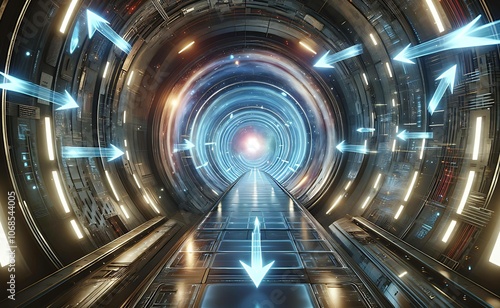 A labyrinthine space tunnel with floating holographic arrows guiding the way toward a shimmering exit photo