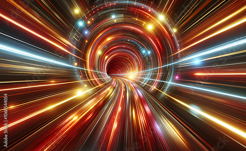 A high-energy tunnel with spiraling neon lights in red, orange, and yellow, simulating a warp-speed effect