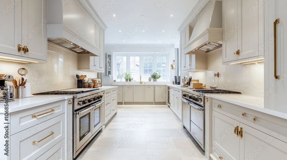 Modern White Kitchen with Gold Hardware and Stainless Steel Appliances Modern White Kitchen with Gold Hardware and Stainless Steel Appliances