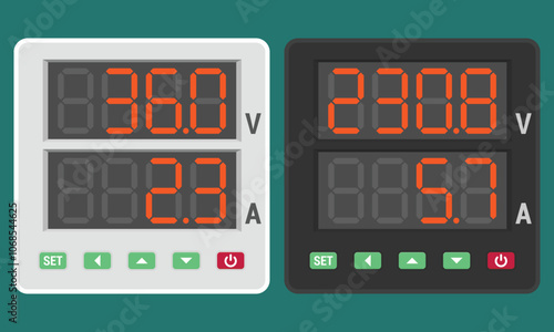 Digital panel mount volt and ampere meter. Set of multimeter devices for electric illustrations