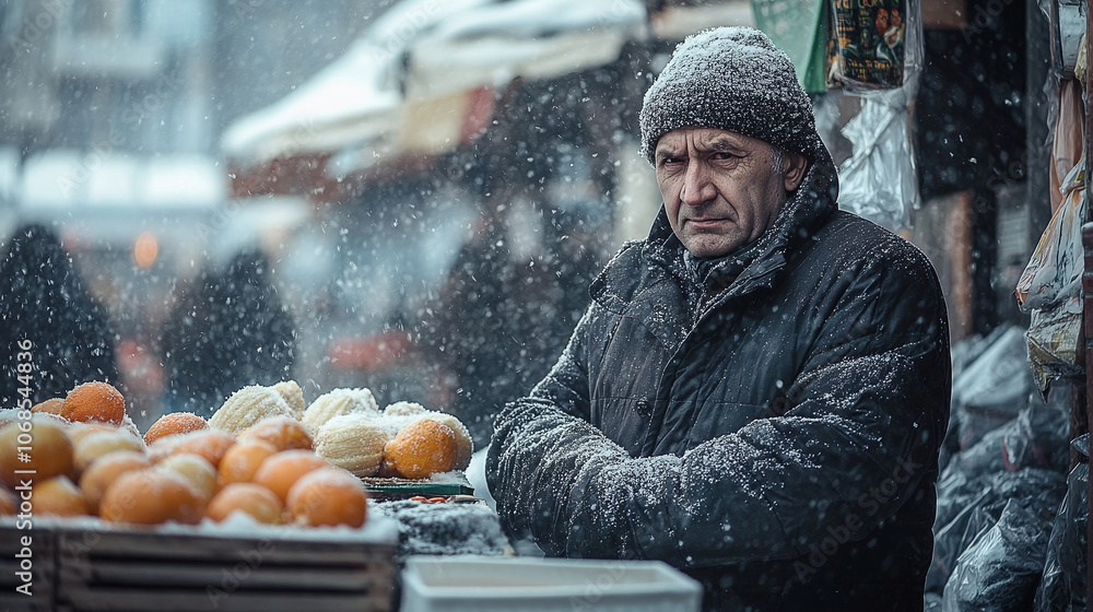 Street vendor in winter clothing, standing in a snowy market setting, displaying fresh produce despite cold weather and falling snow. Street vendor in winter clothing, standing in a snowy market setting, displaying fresh produce despite cold weather and falling snow.