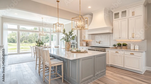 Modern Kitchen with Island, White Cabinets, and Gold Accents